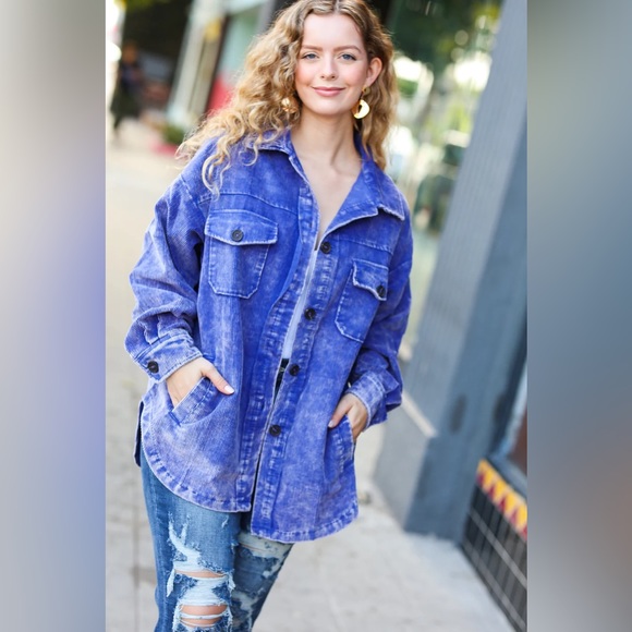 Call On Me Blue Vintage Oversized Corduroy Shacket - Picture 1 of 15